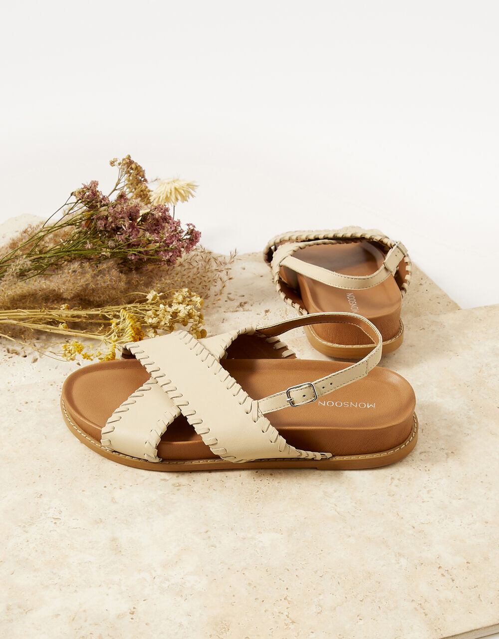 Crossover Stitch Footbed Sandals Natural3
