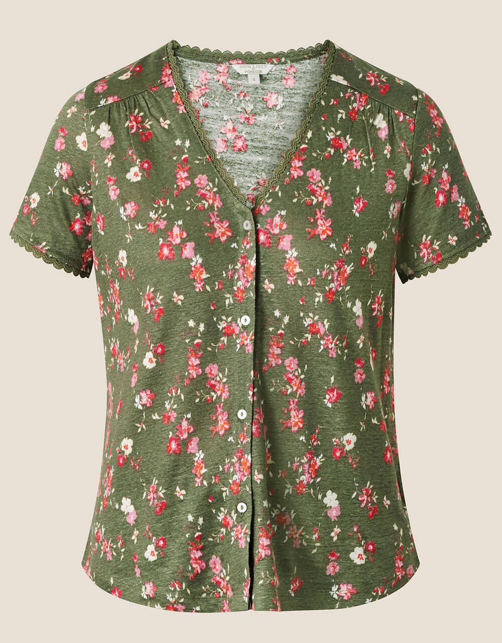 Floral lace trim short sleeve linen top green4