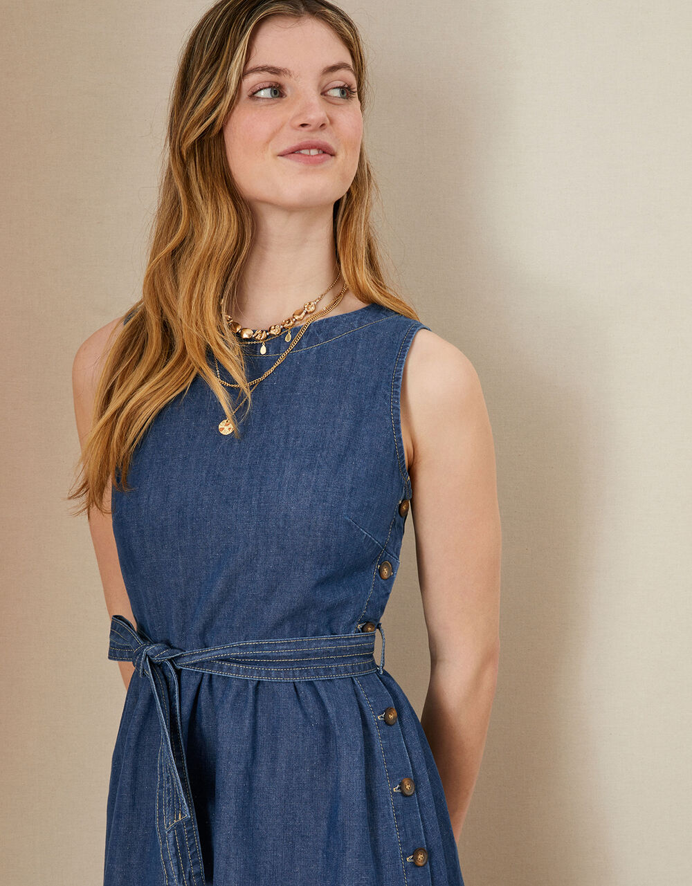 Hemp denim sleeveless tiered dress blue