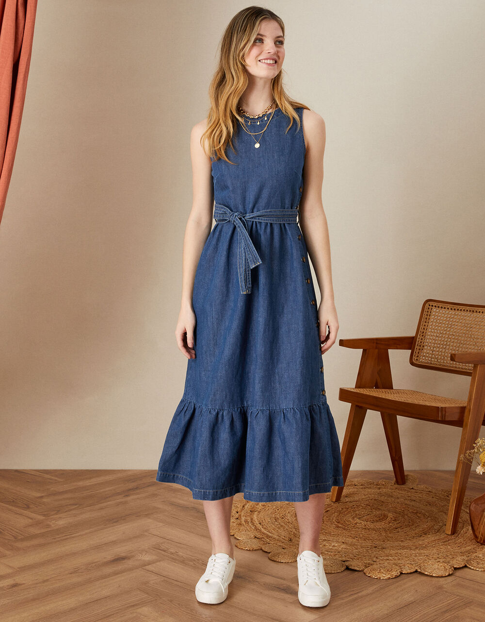 Hemp denim sleeveless tiered dress blue2