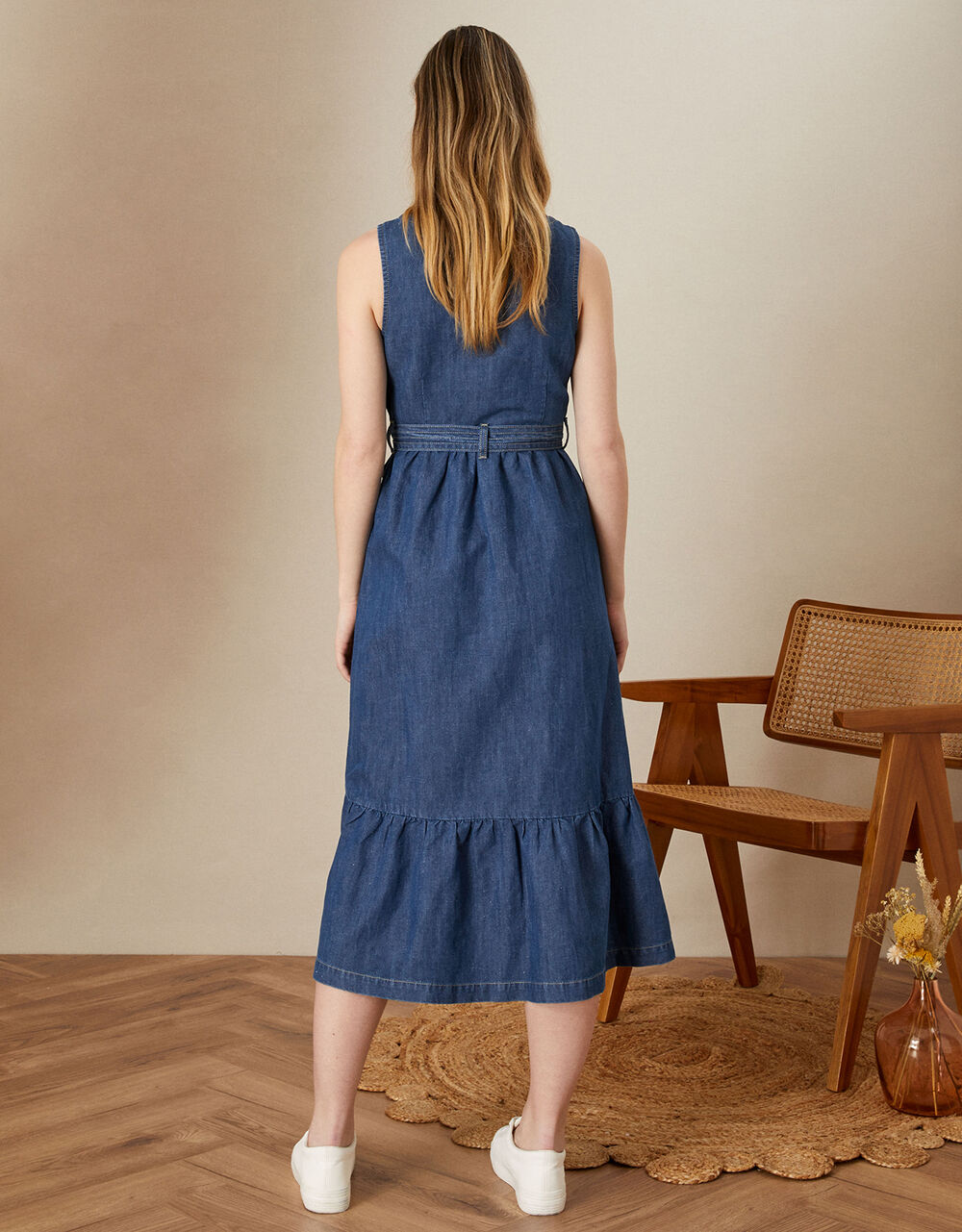 Hemp denim sleeveless tiered dress blue4